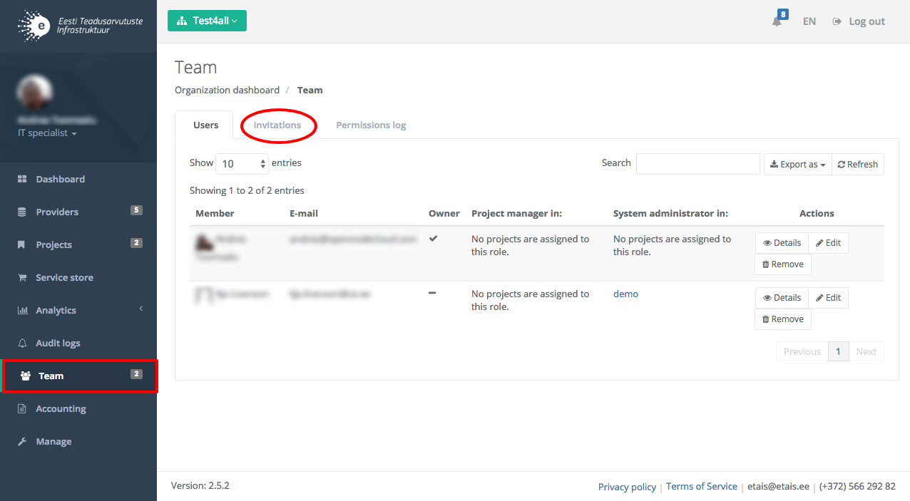 Invites management tab