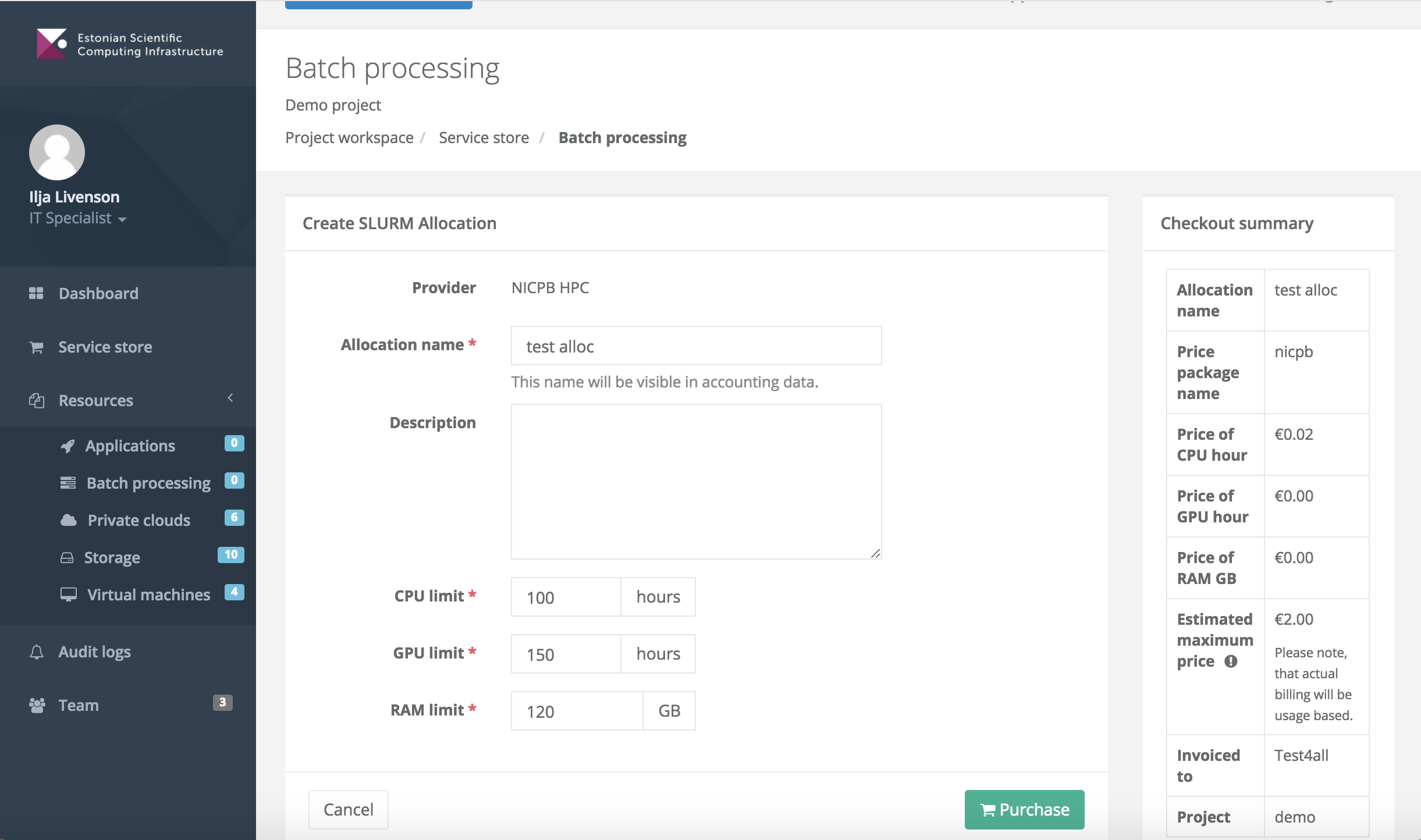 Configuring a new batch allocation