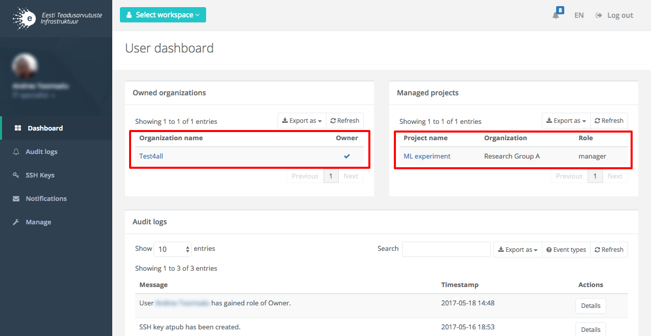 User workspace