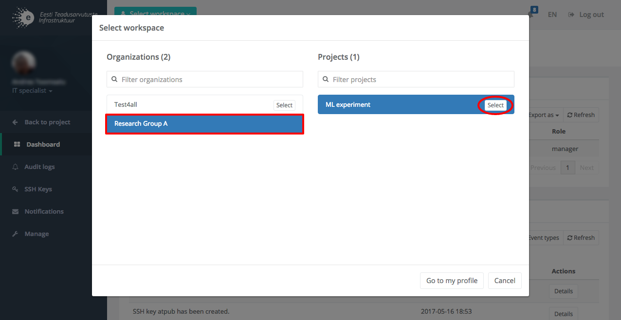 Project workspace selection